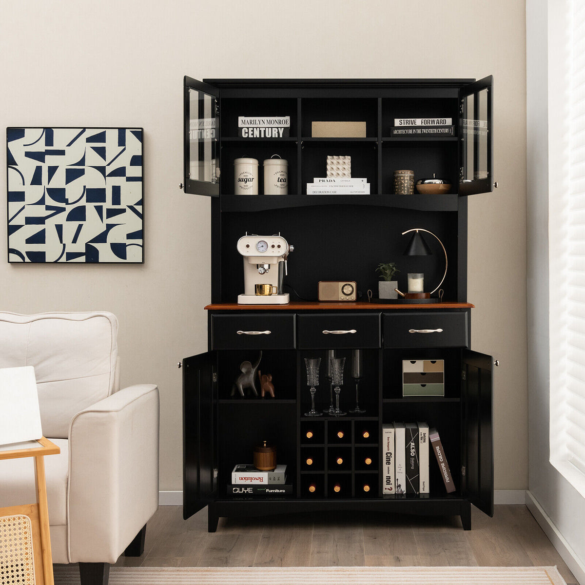 Kitchen Storage Hutch with Wine Rack & Drawers - Black