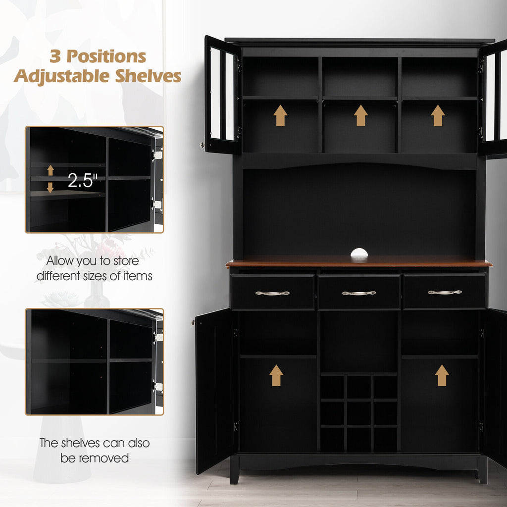 Kitchen Storage Hutch with Wine Rack & Drawers - Black