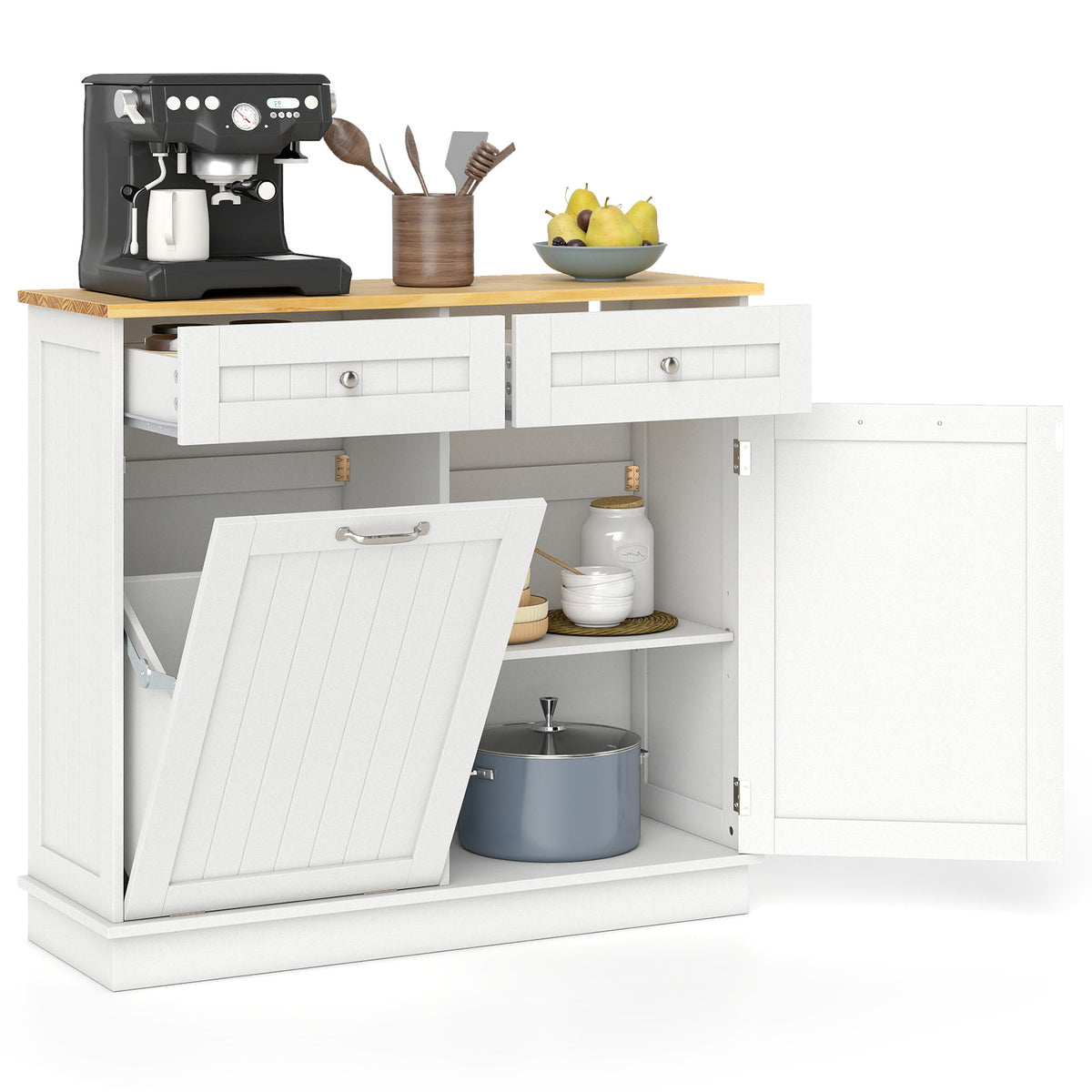 Large Buffet Cabinet with Glass Doors & Hidden Trash - Black