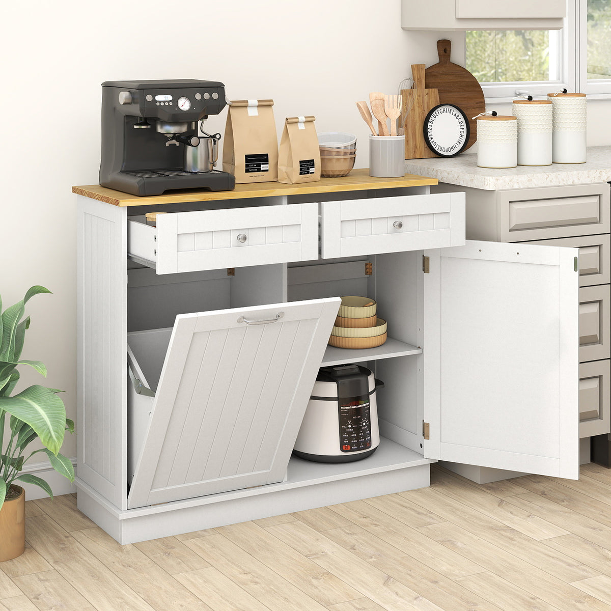Kitchen Tilt Out Trash Cabinet with 2 Drawers – Brown