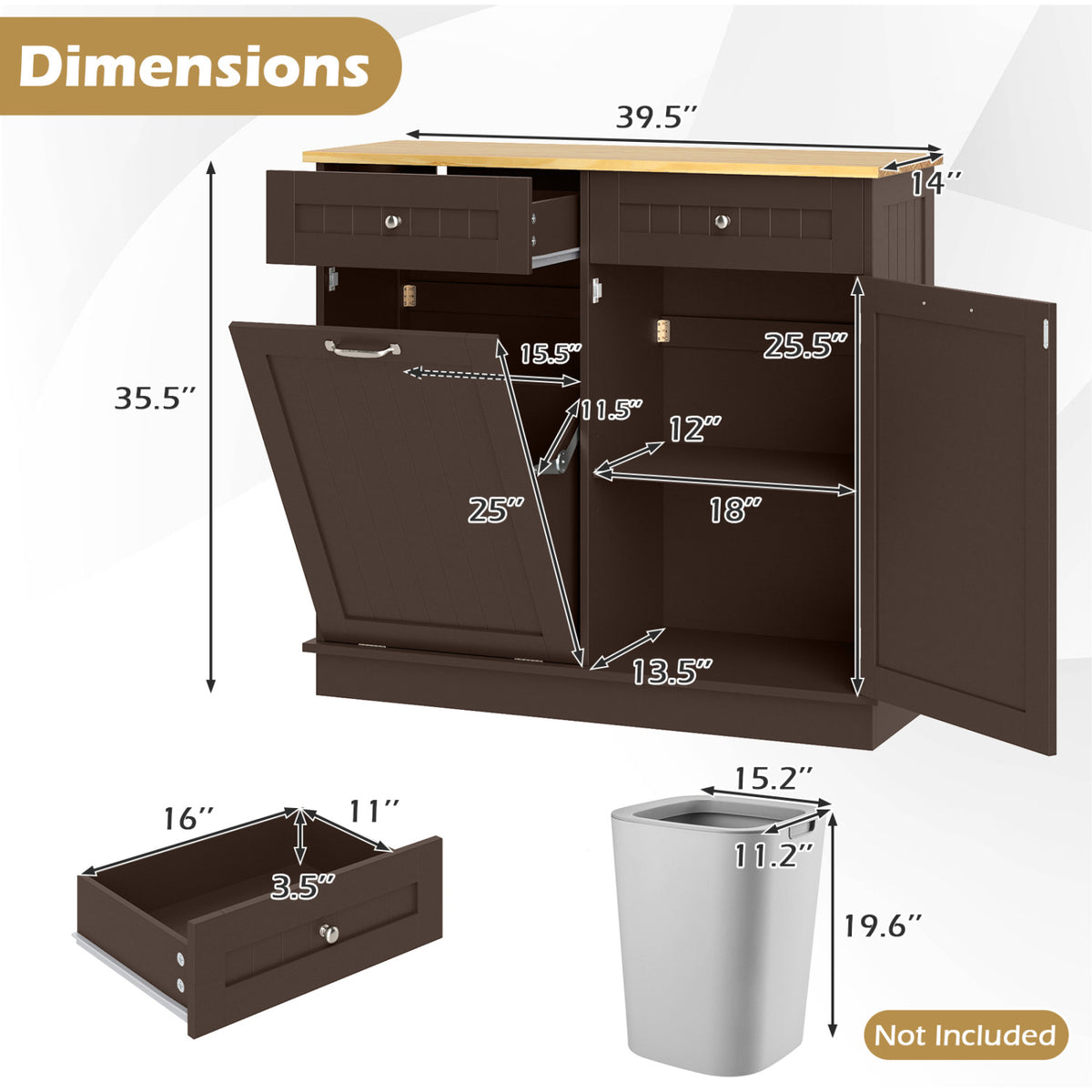 Kitchen Tilt Out Trash Cabinet with 2 Drawers – Brown