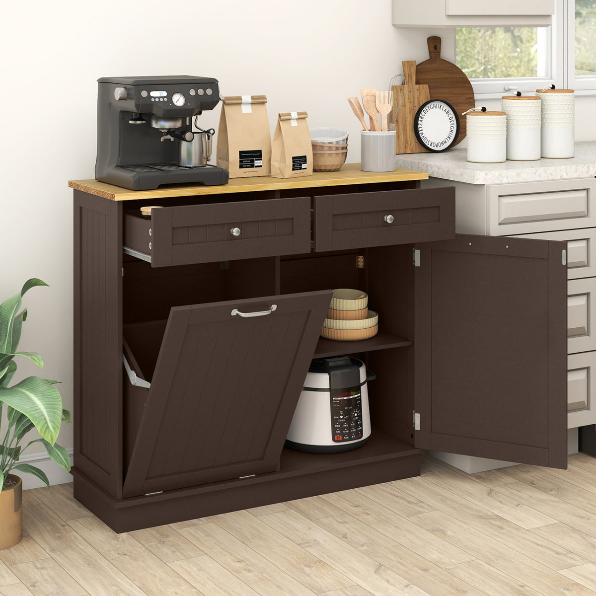 Kitchen Tilt Out Trash Cabinet with 2 Drawers – Brown