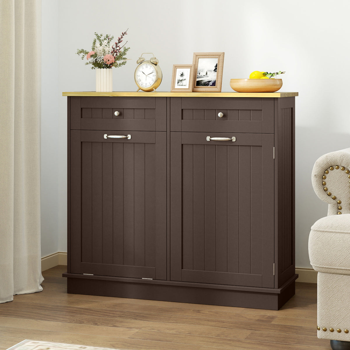 Kitchen Tilt Out Trash Cabinet with 2 Drawers – Brown
