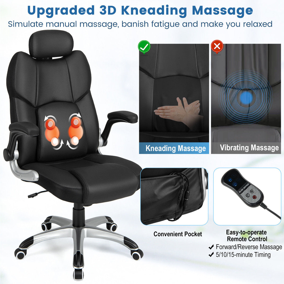 Kneading Massage Office Chair with Adjustable Headrest - Black