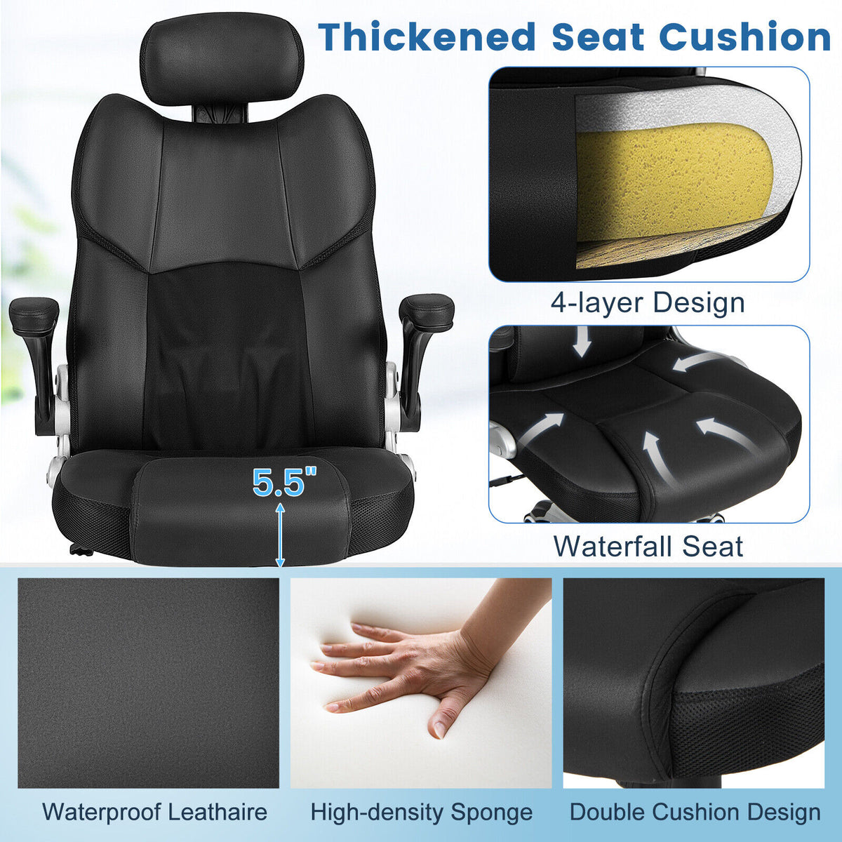 Kneading Massage Office Chair with Adjustable Headrest - Black