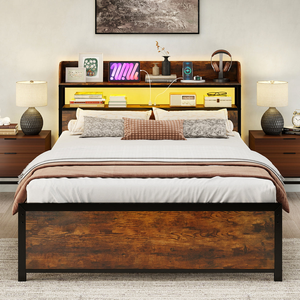 LED Bed Frame with Storage Headboard & Power Outlets - Full Size