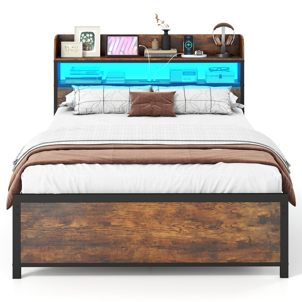 LED Bed Frame with Storage Headboard & Power Outlets - Full Size