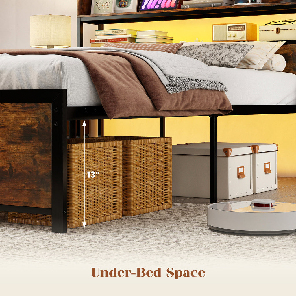 LED Bed Frame with Storage Headboard & Power Outlets - Full Size