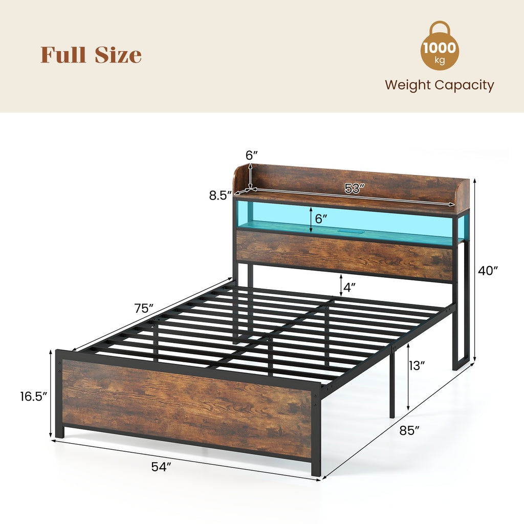 LED Bed Frame with Storage Headboard & Power Outlets - Full Size