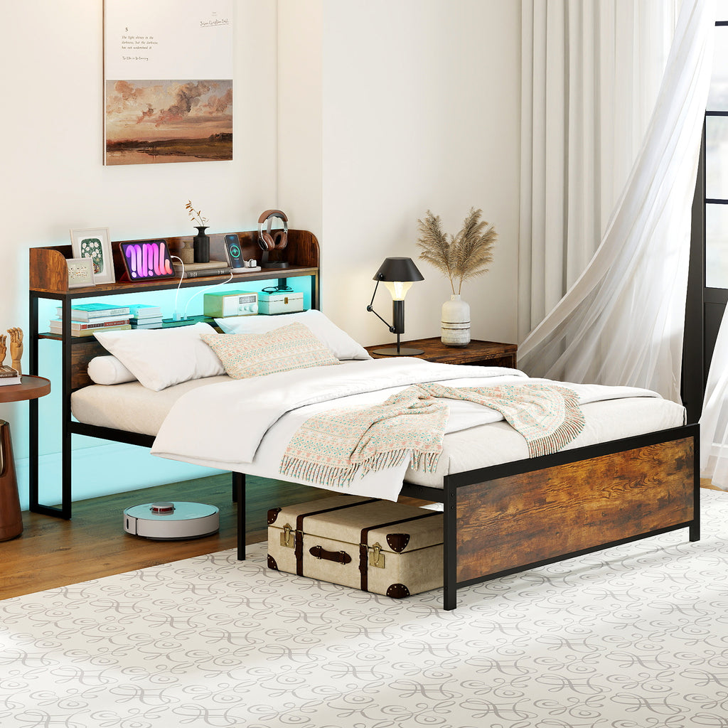 LED Bed Frame with Storage Headboard & Power Outlets - Full Size