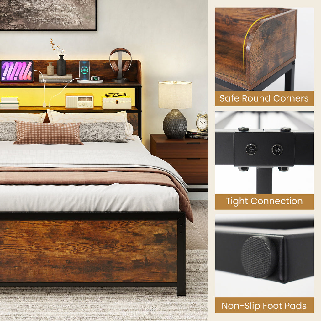 LED Bed Frame with Storage Headboard & Power Outlets - Full Size