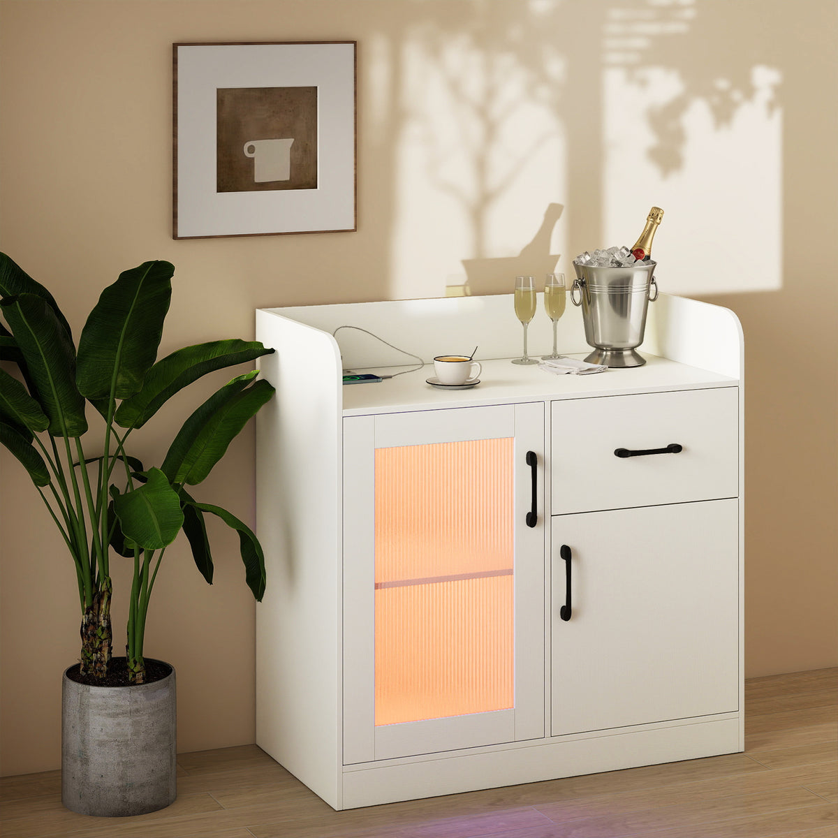 LED Buffet Sideboard with Charging Station - White