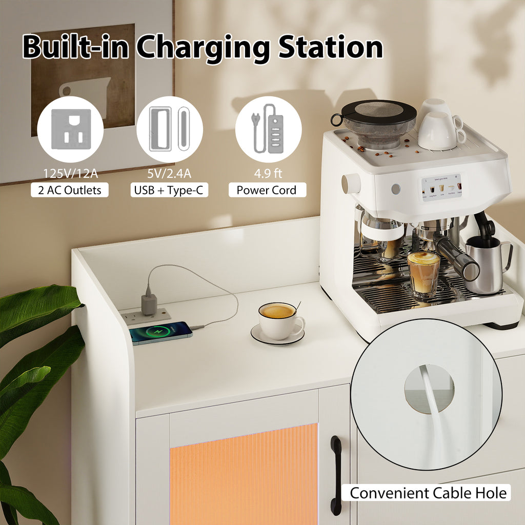 LED Buffet Sideboard with Charging Station - White