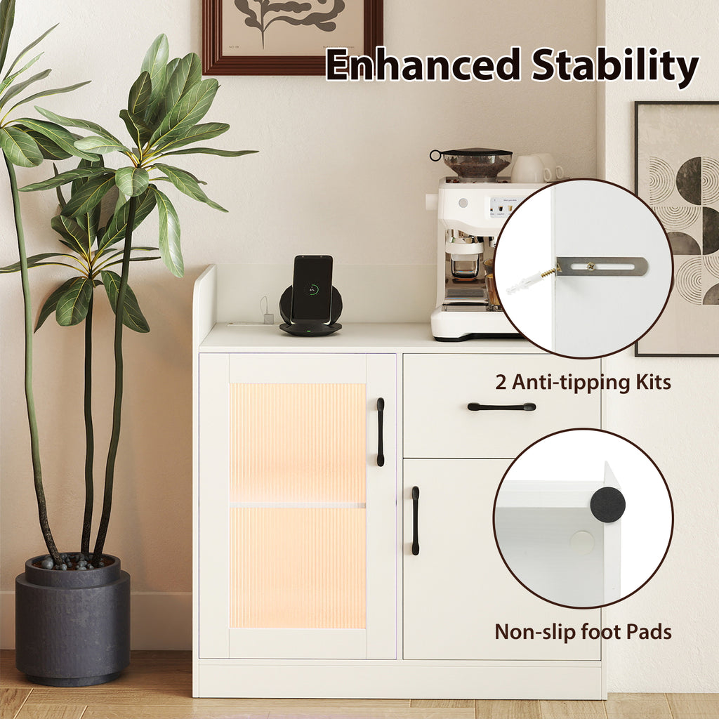 LED Buffet Sideboard with Charging Station - White