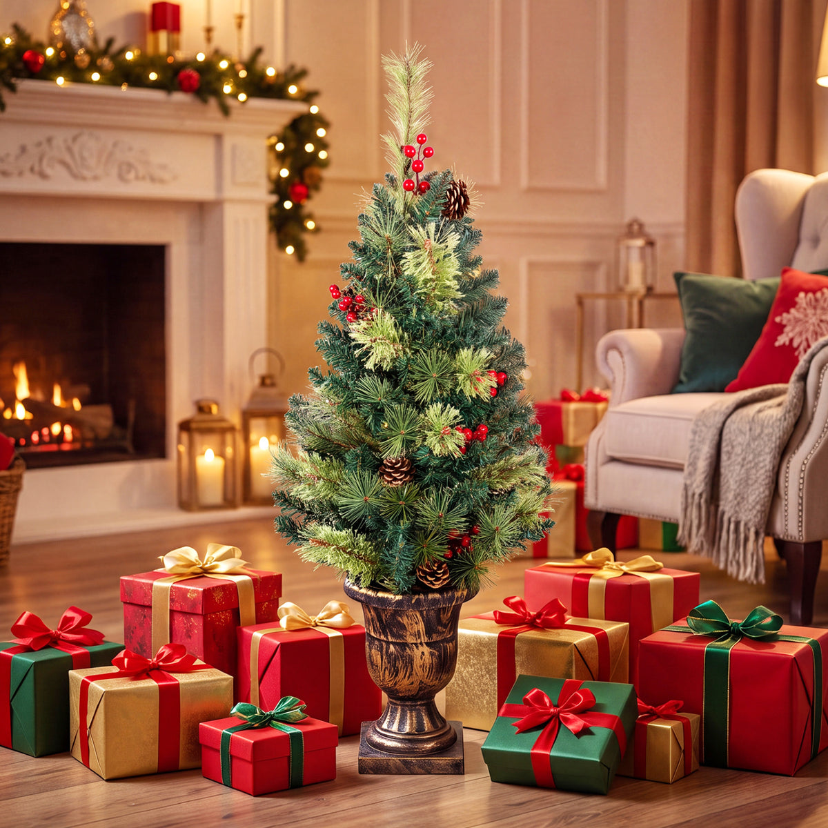 3 Ft LED Christmas Tree with Red Berries Pine Cones & 100 Branch Tips - Costway
