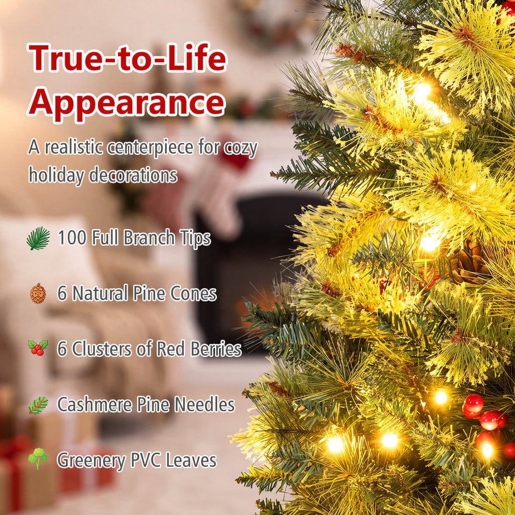 3 Ft LED Christmas Tree with Red Berries Pine Cones & 100 Branch Tips - Costway