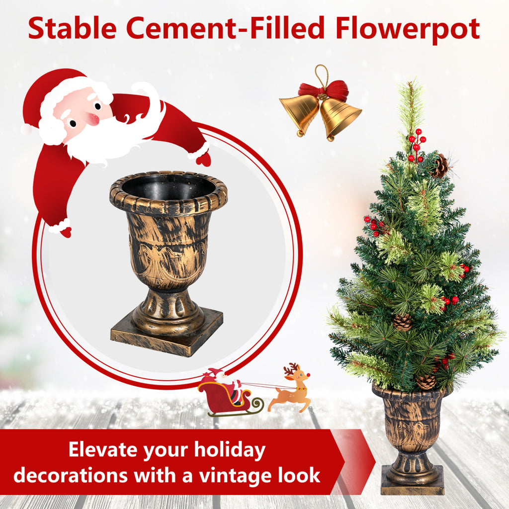 3 Ft LED Christmas Tree with Red Berries Pine Cones & 100 Branch Tips - Costway