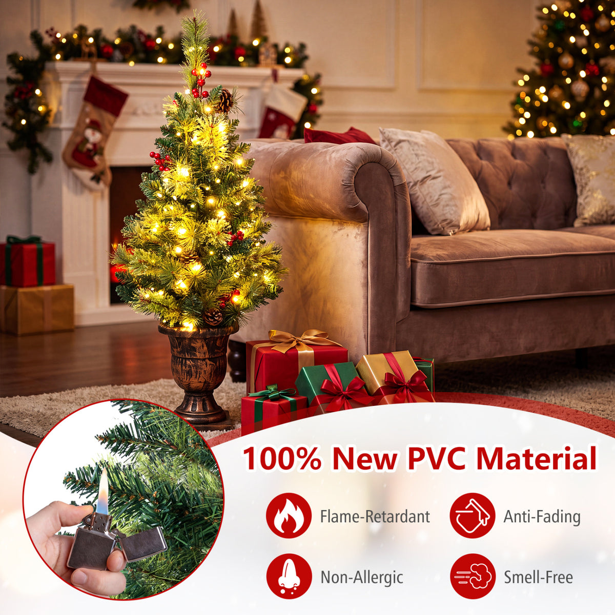 3 Ft LED Christmas Tree with Red Berries Pine Cones & 100 Branch Tips - Costway
