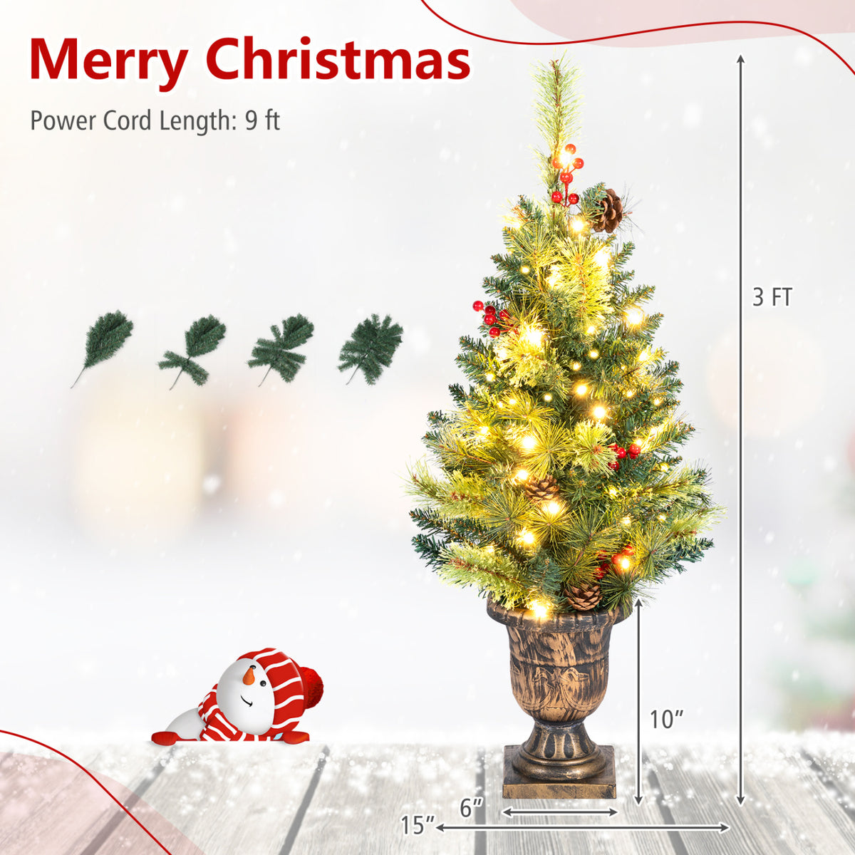 3 Ft LED Christmas Tree with Red Berries Pine Cones & 100 Branch Tips - Costway