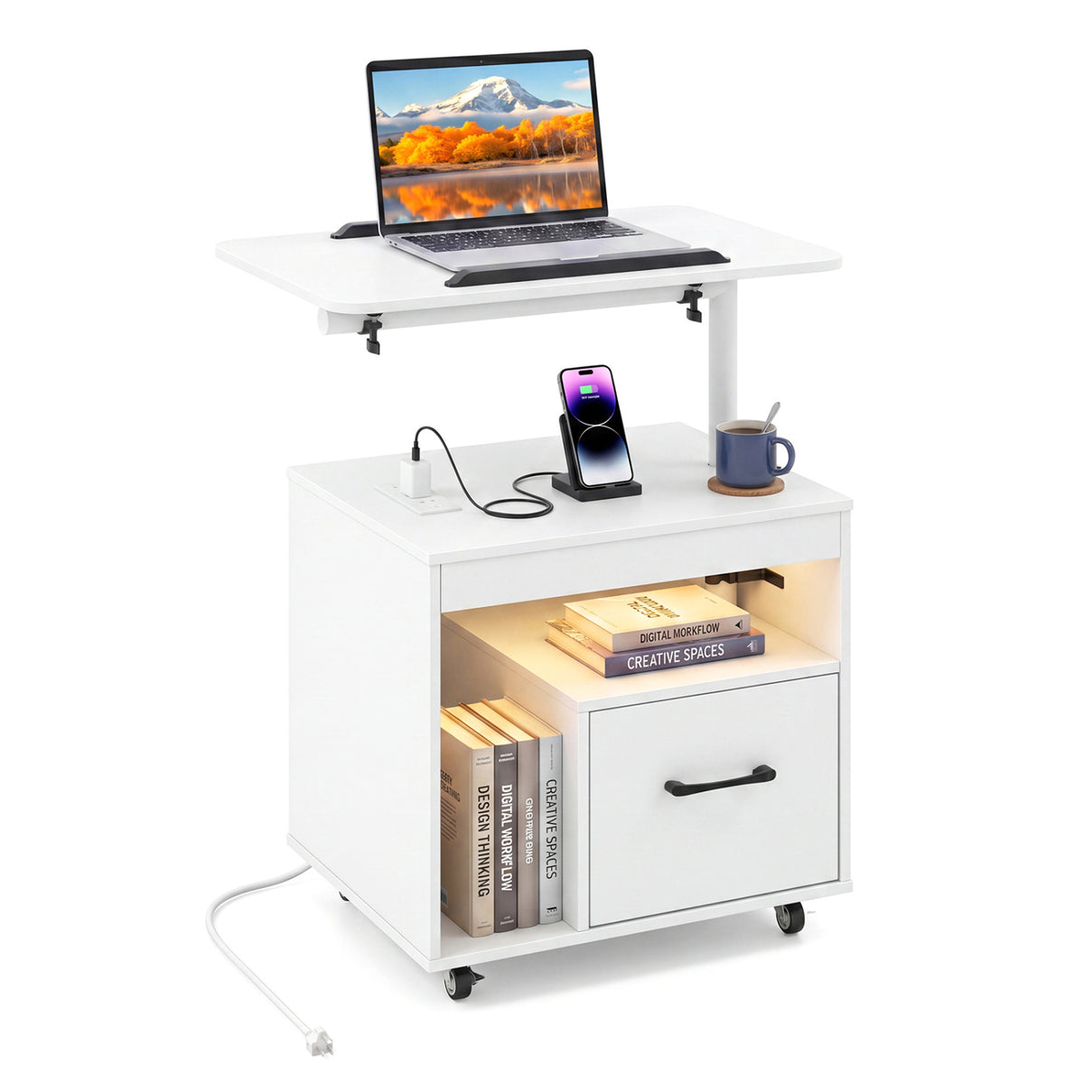 LED Nightstand with Power Outlets, White