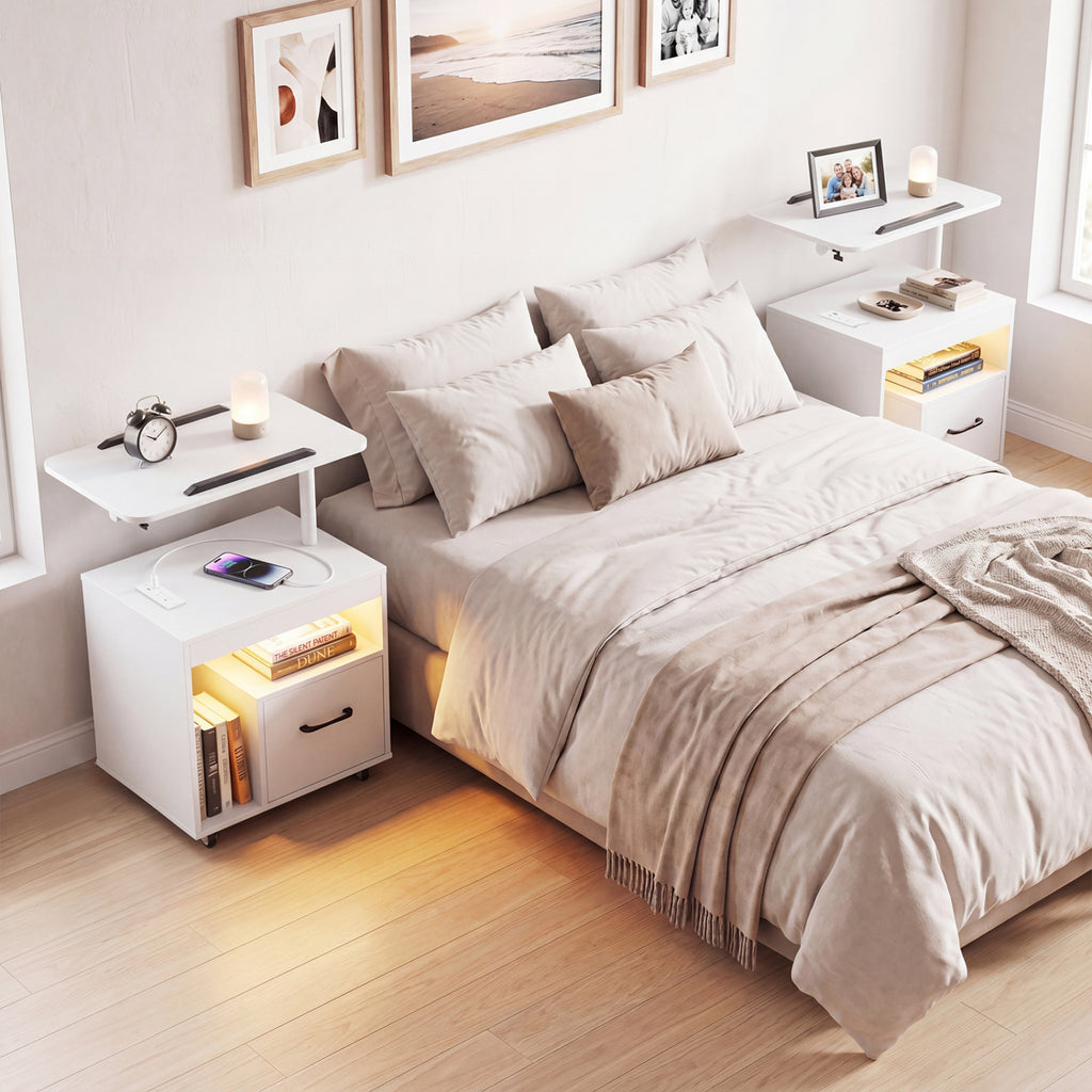LED Nightstand with Power Outlets, White