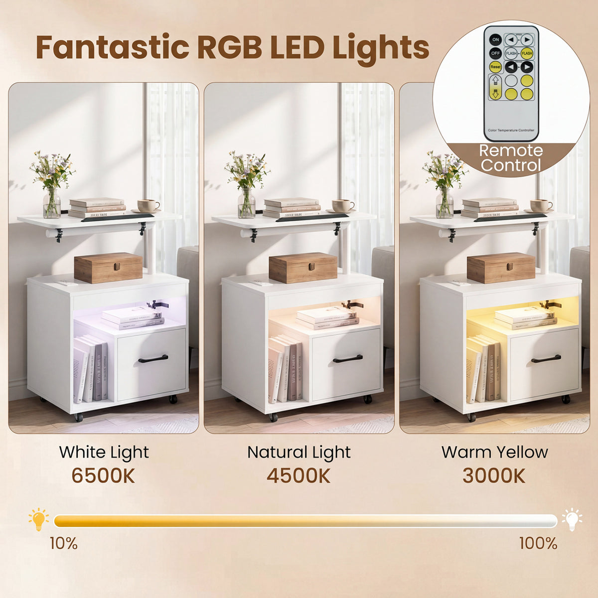 LED Nightstand with Power Outlets, White