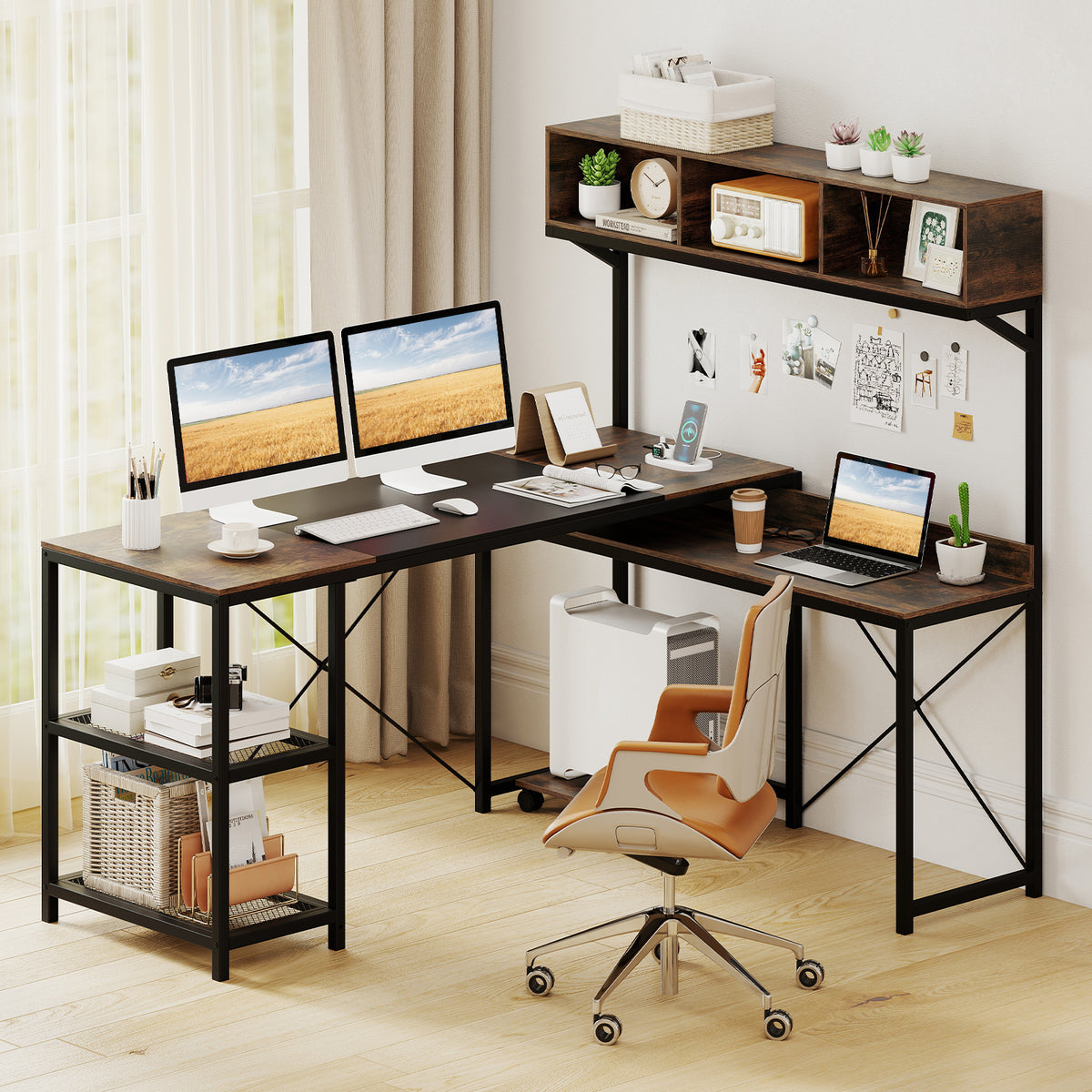 L-Shaped Computer Desk with Power Outlets & Storage Hutch - Brown
