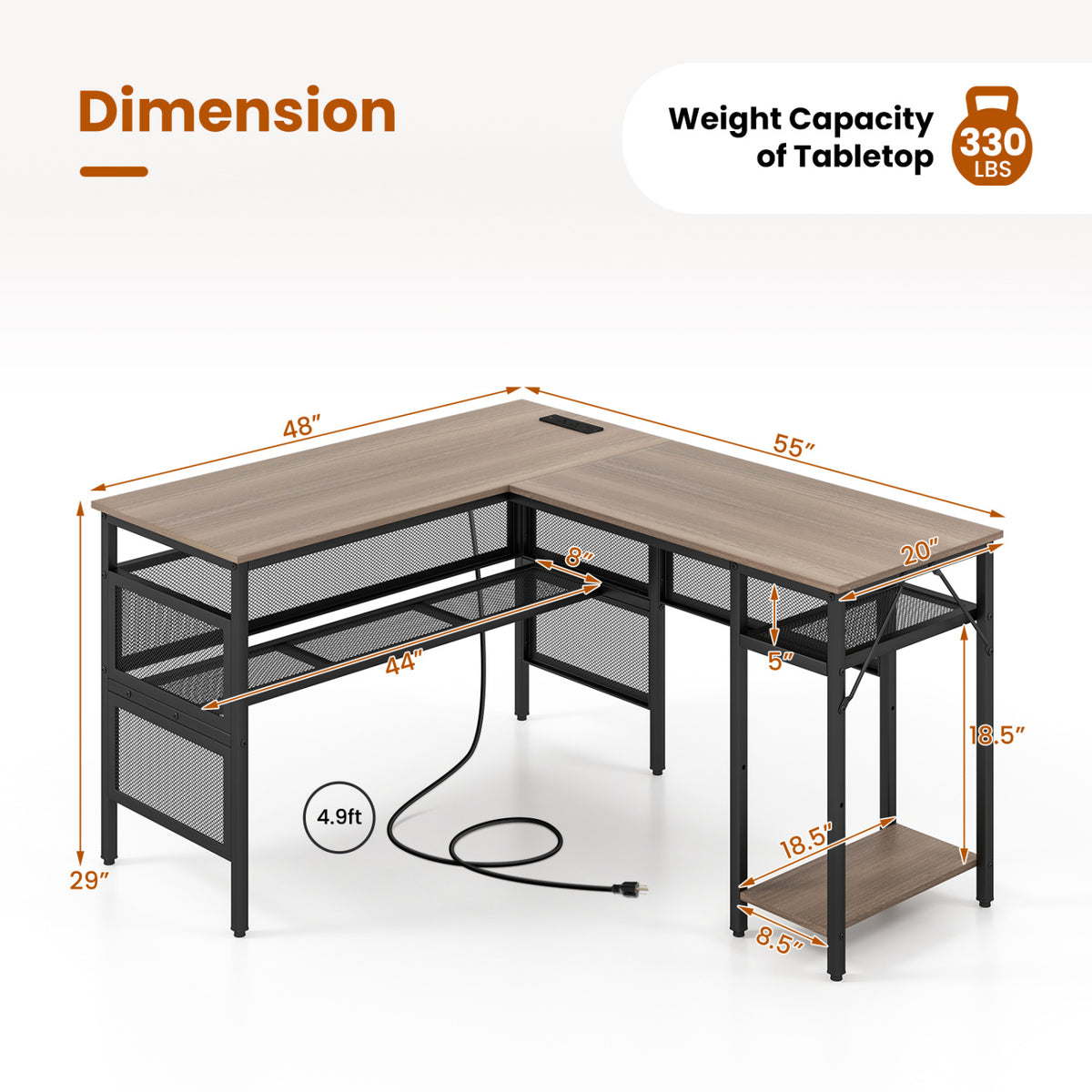 L-Shaped Computer Desk with Charging Station - Gray