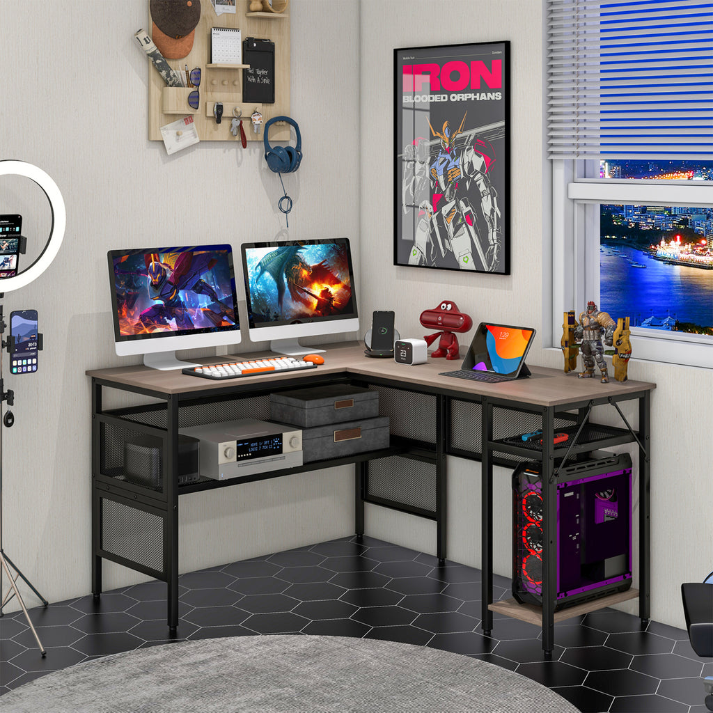 L-Shaped Computer Desk with Charging Station - Gray