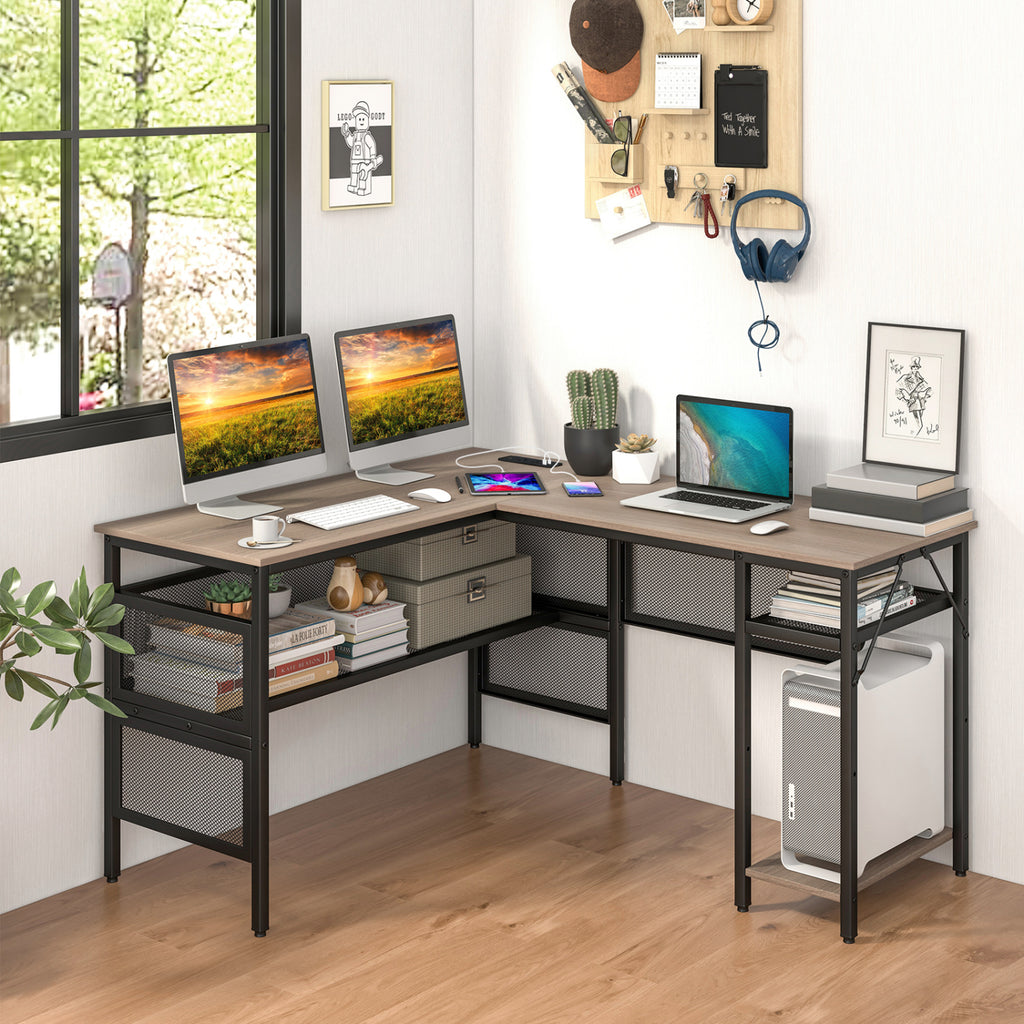 L-Shaped Computer Desk with Charging Station - Gray