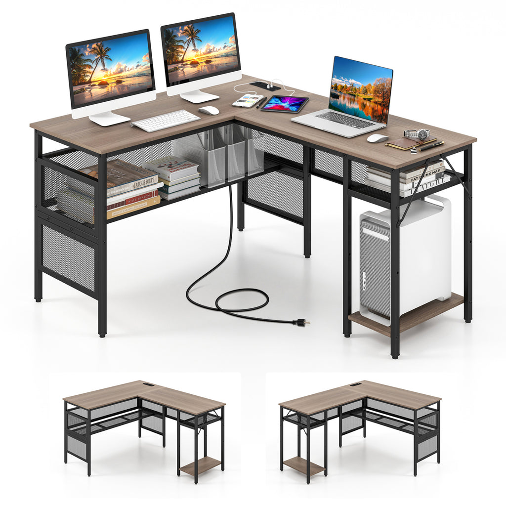L-Shaped Computer Desk with Charging Station - Gray