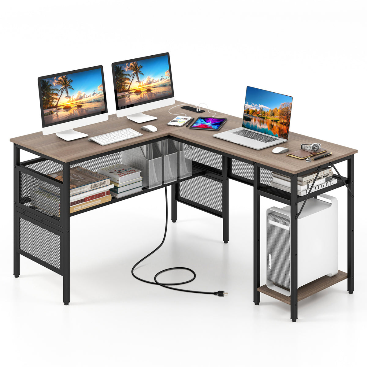 L-Shaped Computer Desk with Charging Station - Gray