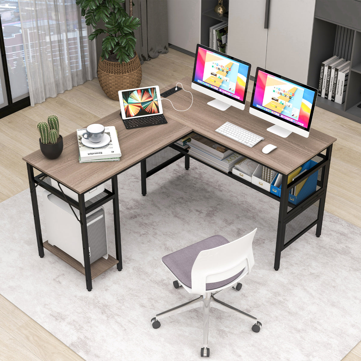 L-Shaped Computer Desk with Charging Station - Gray