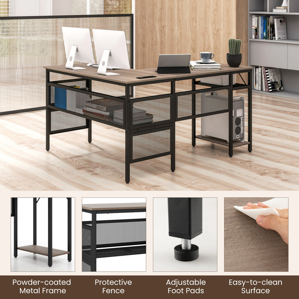 L-Shaped Computer Desk with Charging Station - Gray
