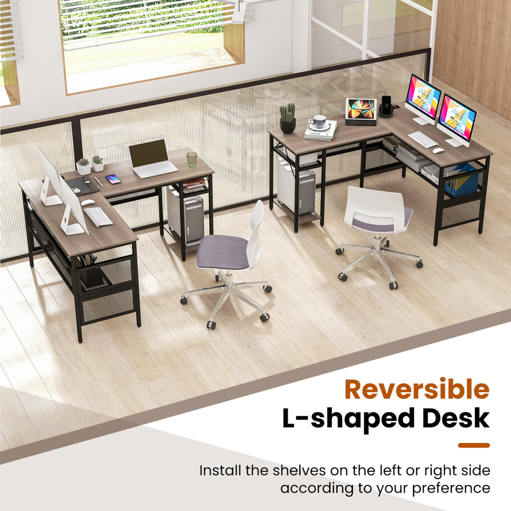 L-Shaped Computer Desk with Charging Station - Gray