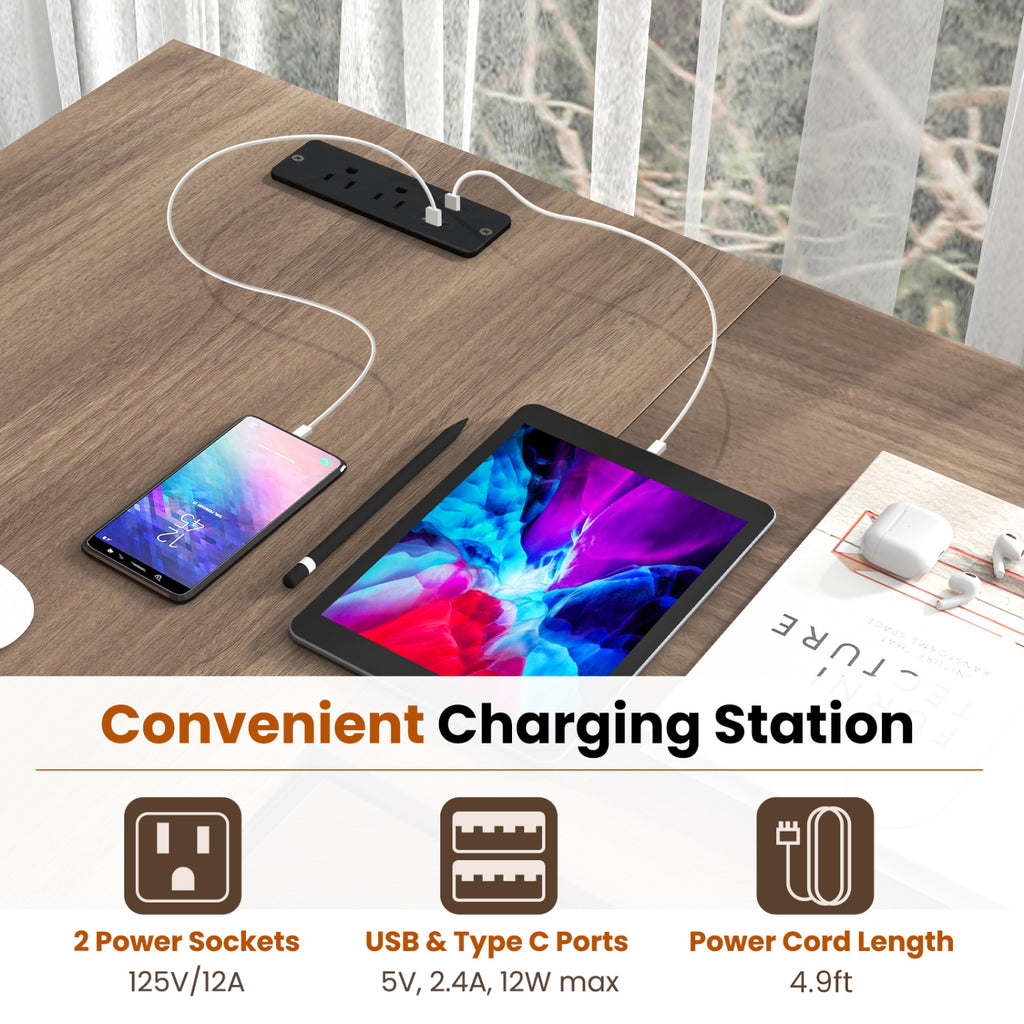 L-Shaped Computer Desk with Charging Station - Gray