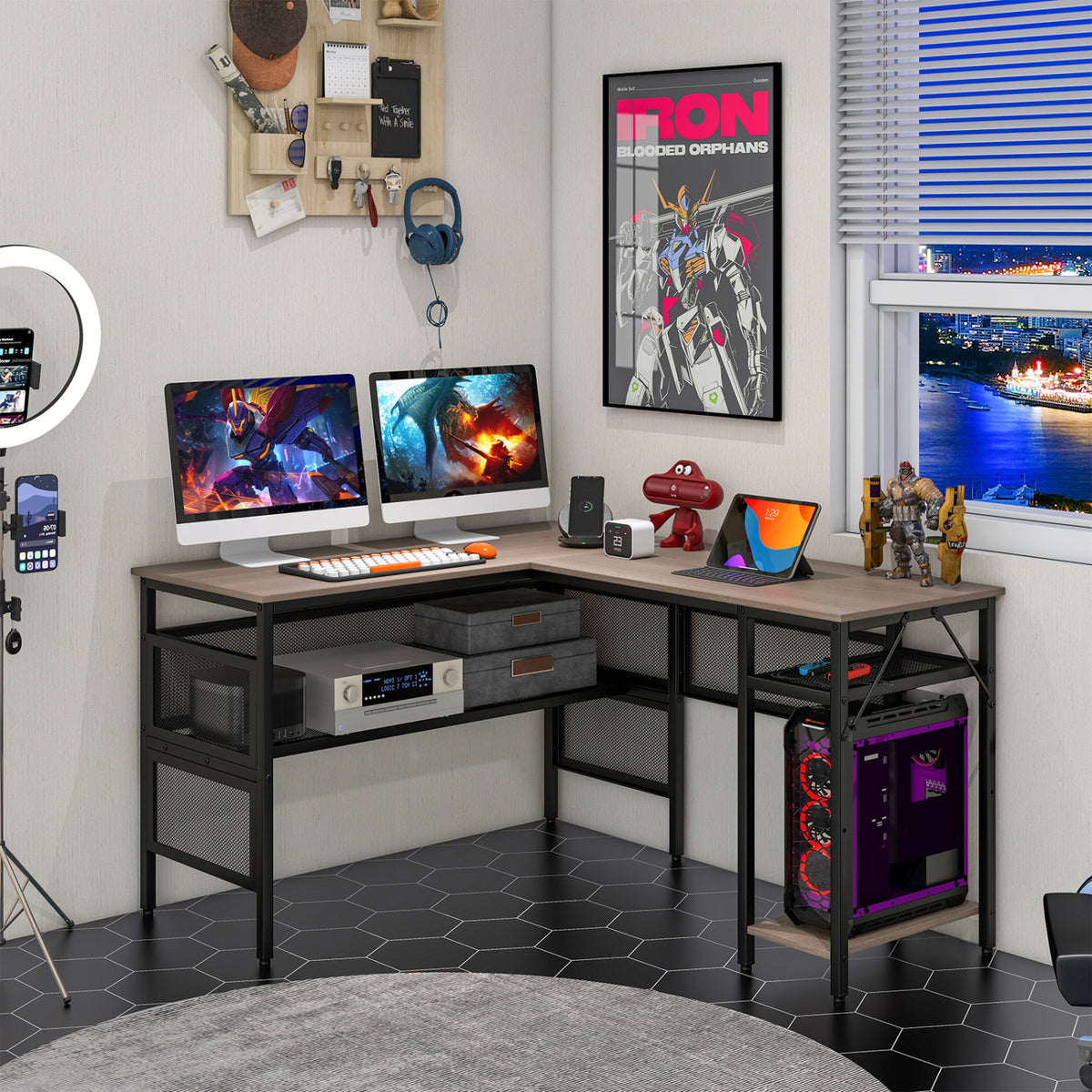 L-Shaped Computer Desk with Charging Station - Gray