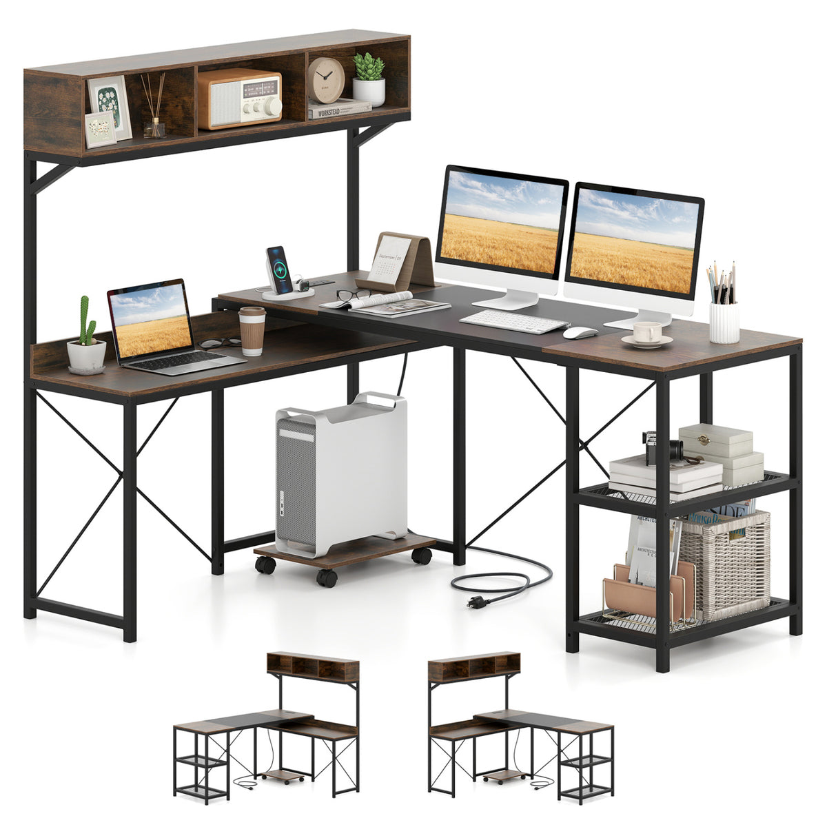 L-Shaped Computer Desk with Power Outlets & Storage Hutch - Brown