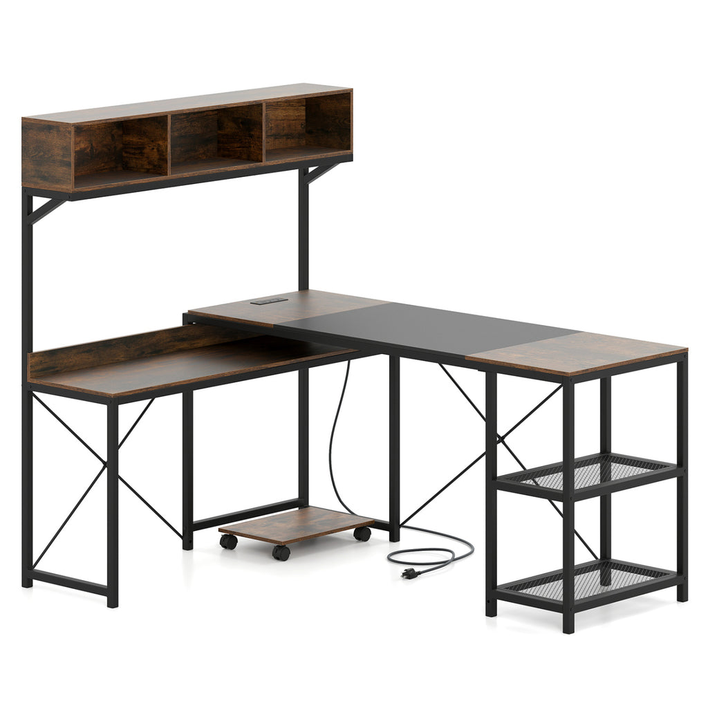 L-Shaped Computer Desk with Power Outlets & Storage Hutch - Brown