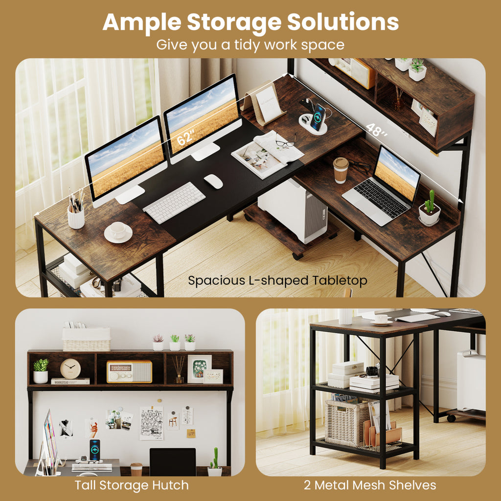 L-Shaped Computer Desk with Power Outlets & Storage Hutch - Brown
