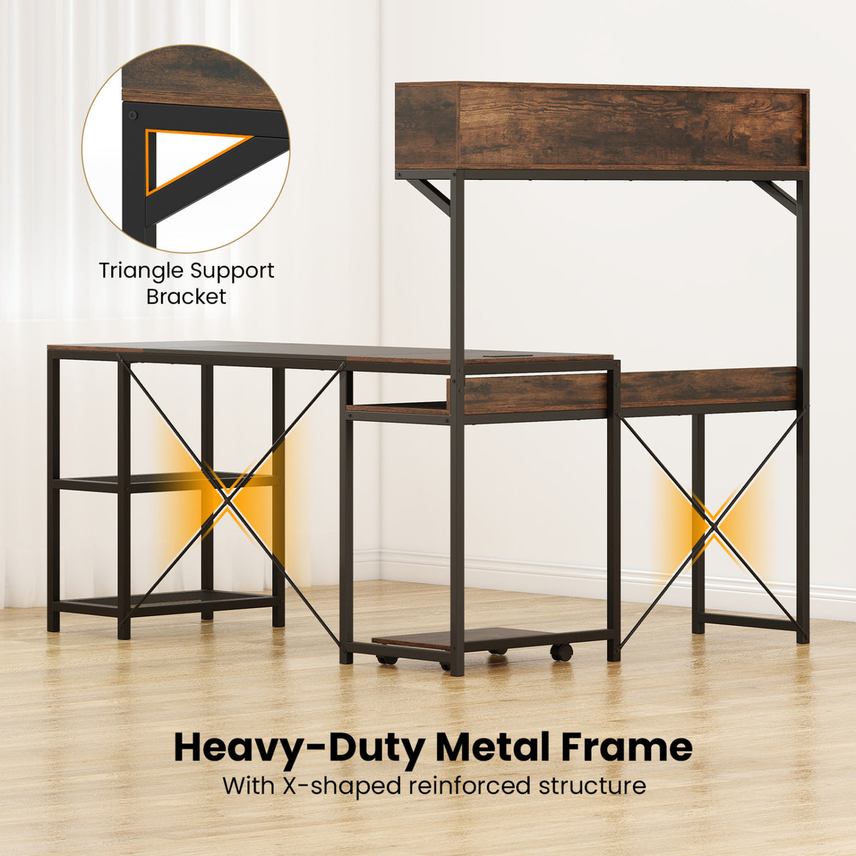 L-Shaped Computer Desk with Power Outlets & Storage Hutch - Brown