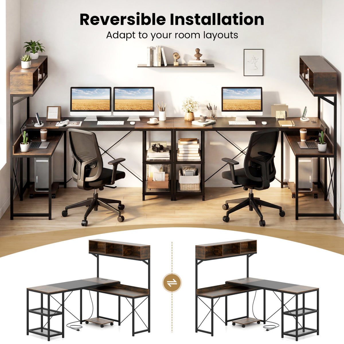 L-Shaped Computer Desk with Power Outlets & Storage Hutch - Brown