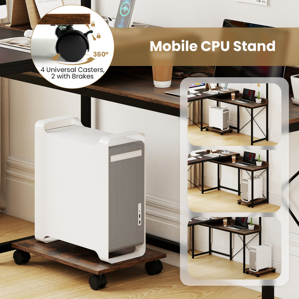 L-Shaped Computer Desk with Power Outlets & Storage Hutch - Brown