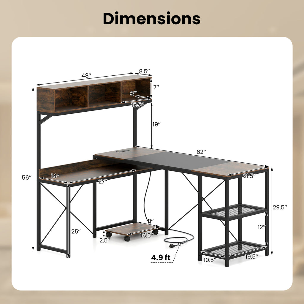 L-Shaped Computer Desk with Power Outlets & Storage Hutch - Brown