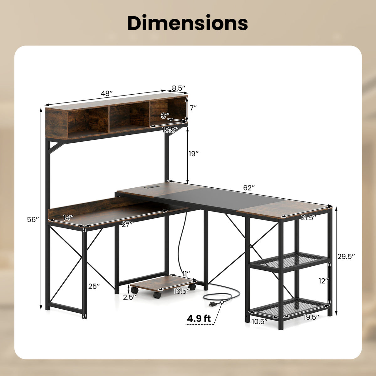 L-Shaped Computer Desk with Power Outlets 62 Inches Corner Storage
