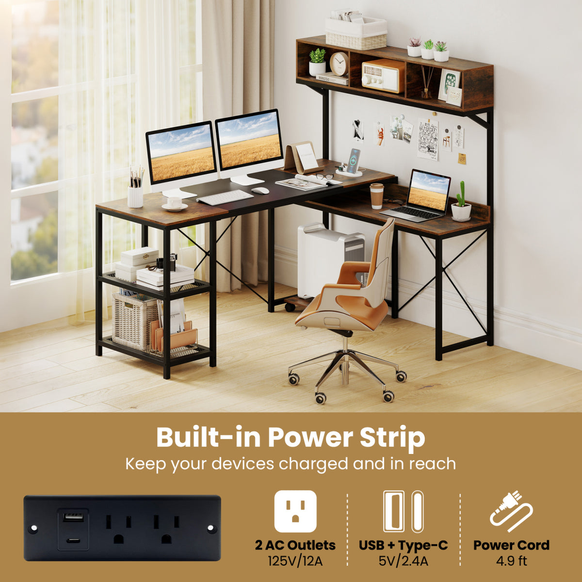 L-Shaped Computer Desk with Power Outlets & Storage Hutch - Brown