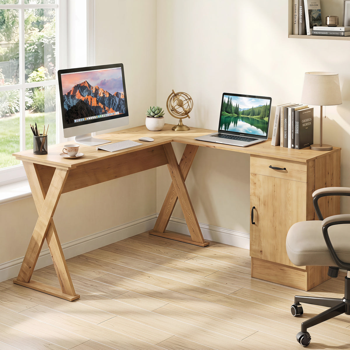 L-Shaped Computer Desk with Reversible Drawer and Cabinet for Bedroom
