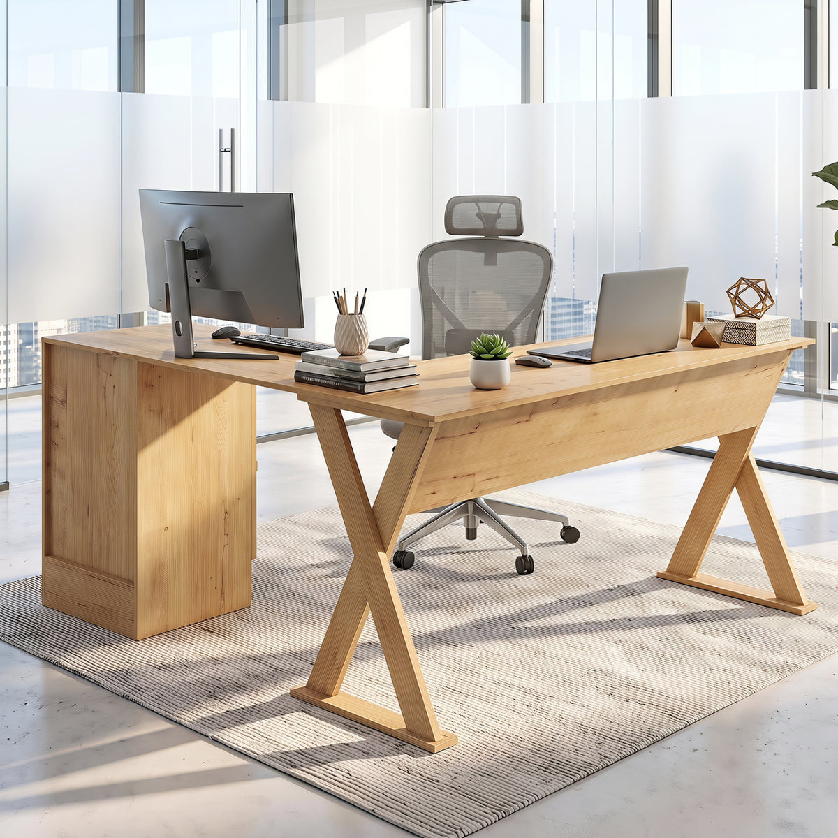 L-Shaped Computer Desk with Reversible Drawer and Cabinet for Bedroom
