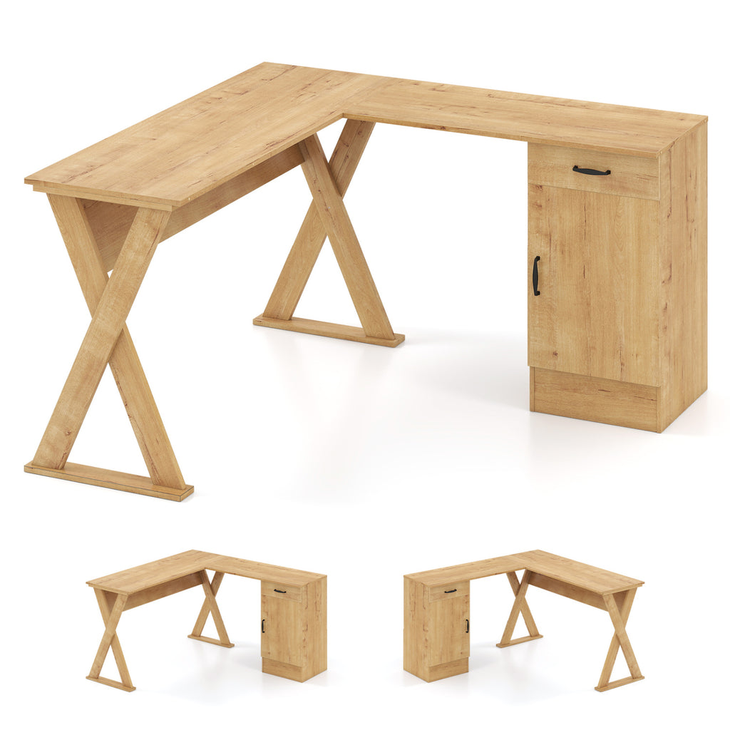 L-Shaped Computer Desk with Reversible Drawer and Cabinet for Bedroom