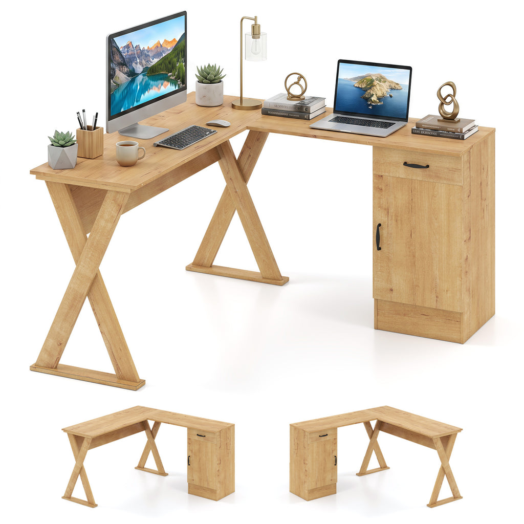 L-Shaped Computer Desk with Reversible Drawer and Cabinet for Bedroom